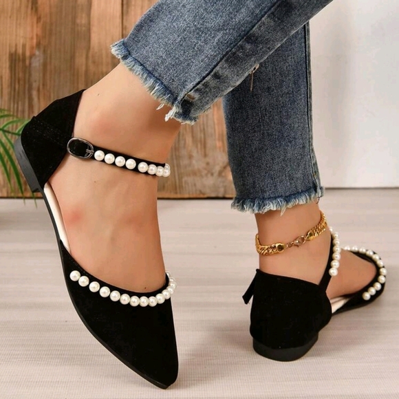 Women Faux Pearl Decor Point Toe Ankle Strap Flats, Fashion Outdoor Faux Suede F - Picture 4 of 7